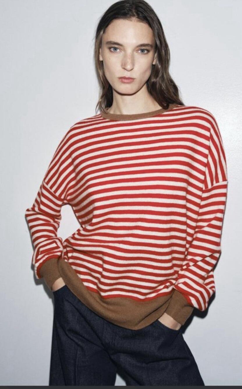 Zara Soft Stripe Oversized Sweater Women Size Small Red White Brown Wool Boho